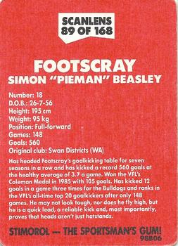 1989 Scanlens VFL #89 Simon Beasley Back